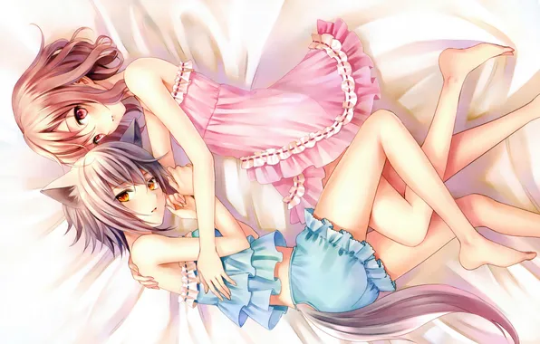 Picture look, girls, tail, bed, hugs, ears, art, fukahire sanba
