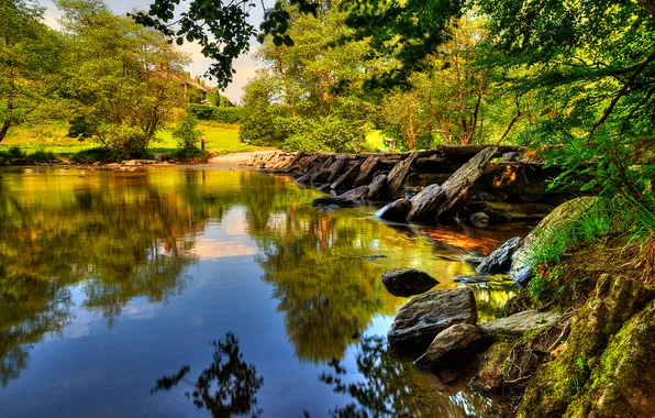 The sky, trees, lake, reflection, river, stones, UK, Exmoor