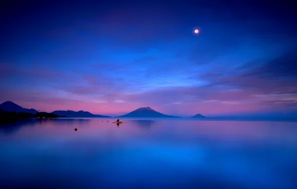 The sky, water, clouds, sunset, mountains, the moon, Lake, blue