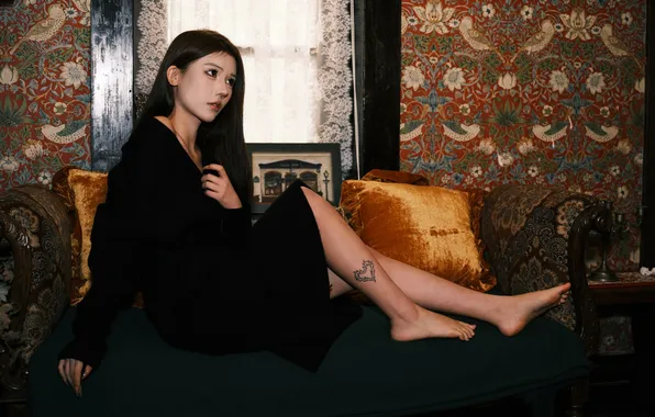 Beautiful, Asian, Model, Woman, Sofa, Tattoo, Cute, Pretty
