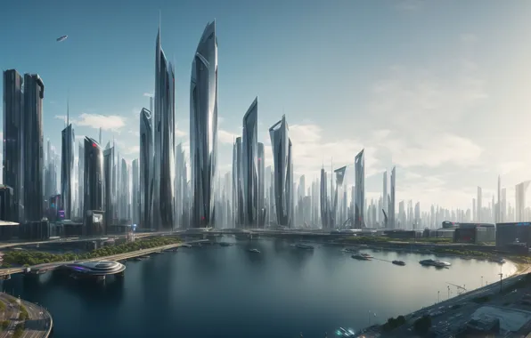 City, future, landscape, art, fantastic, digital art, harbor, Futuristic