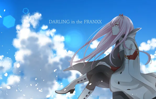 Picture girl, The sky, anime, art, Sitting, Darling in the frankxx