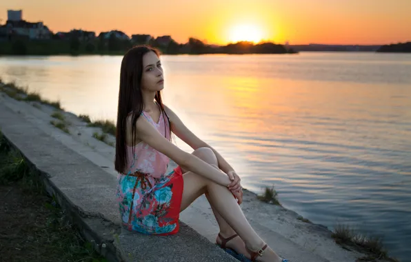 Girl, sunset, river, sweetheart, model, portrait, Alina, dress