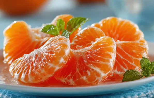 Macro, plate, leaves, light background, mint, slices, tangerines, submission