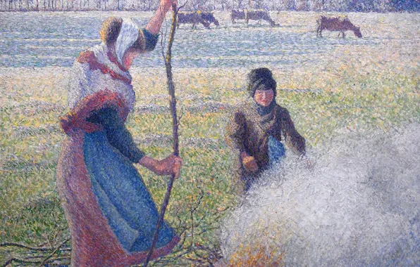 Picture, genre, Camille Pissarro, Peasant Girl Parting Fire