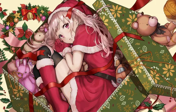 Girl, red ribbon, Christmas wreath, gift box, Teddy bear, the Cape, the Santa suit, mistletoe