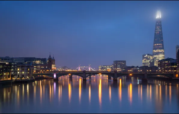 Night, bridge, lights, river, England, London, Thames