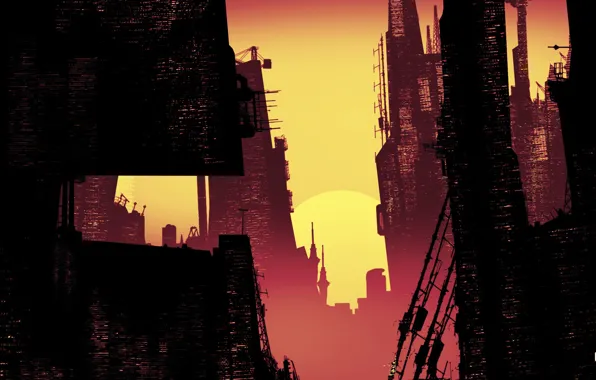 Sunset, Minimalism, The city, Art, Sunset, Illustration, Concept Art, Cities