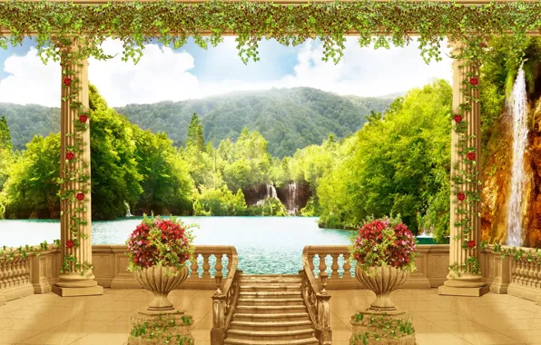 Picture sea, flowers, waterfall, columns, terrace, vases