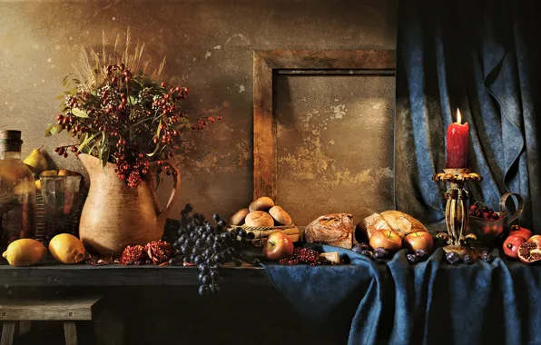 Apples, candle, bread, grapes, pitcher, still life, lemons, garnet