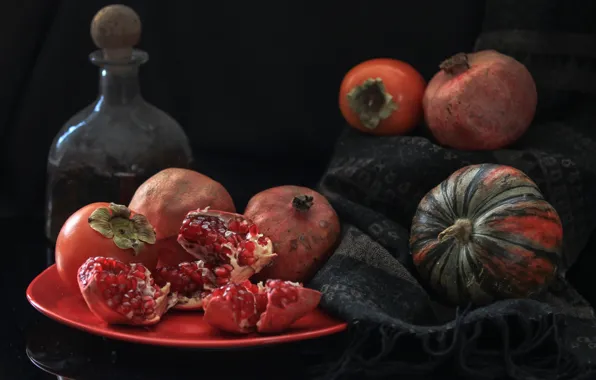 Scarf, pumpkin, still life, garnet, decanter