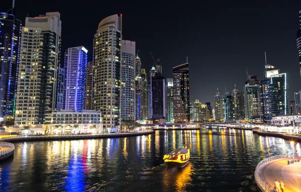 River, night lights, skyscraper, Night, boats, The city, Dubai