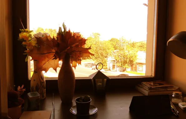 Picture leaves, Autumn, window, vase