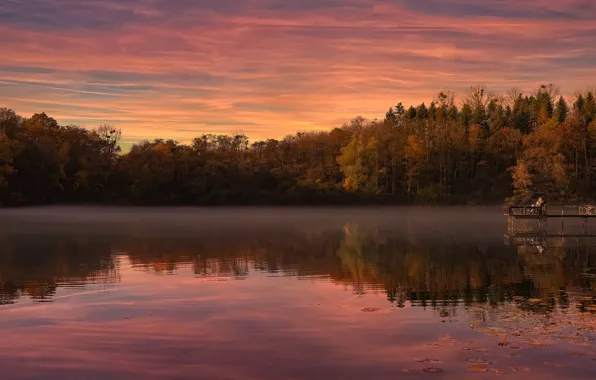 Picture autumn, forest, trees, sunset, Park, reflection, shore, people