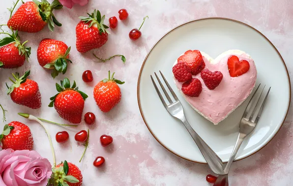 Love, flowers, berries, raspberry, table, holiday, heart, heart