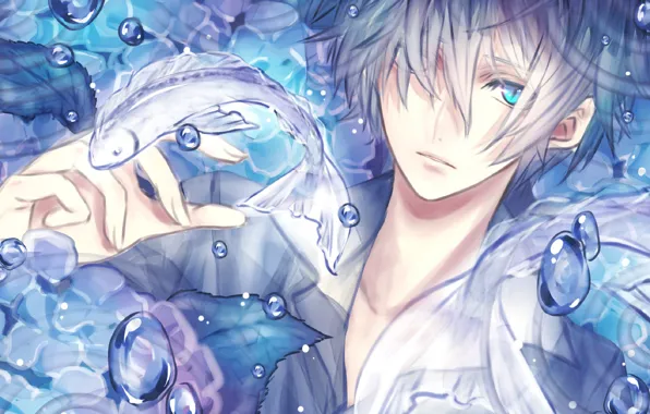 Bubbles, fish, anime, art, guy, the vertical pupil, mashiki