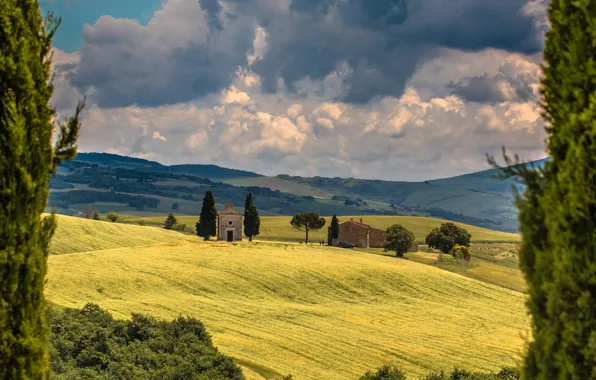 Picture field, clouds, trees, Italy, chapel, Italy, cypress, Tuscany