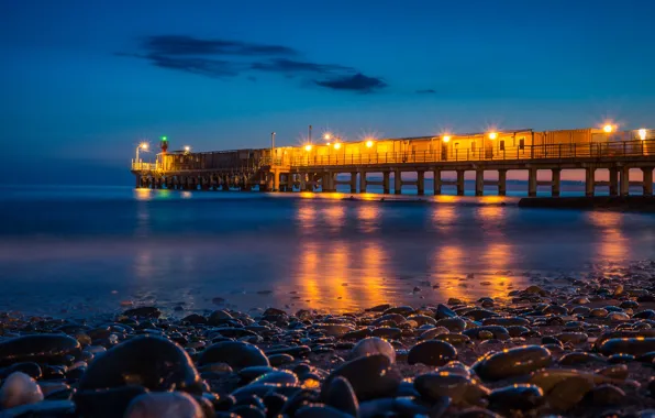 Sea, night, lights, stones, coast, horizon, lights, pierce