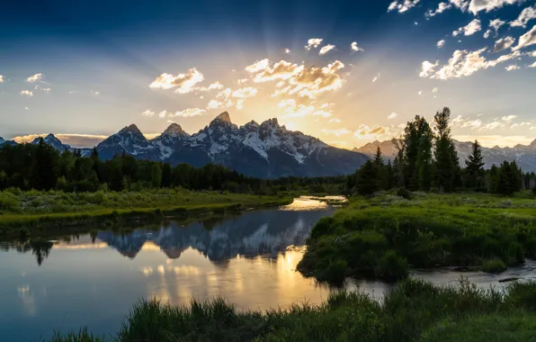 Picture mountains, river, USA, Grand Teton National Park