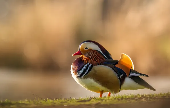 Light, bird, glade, duck, bokeh, bright plumage, tangerine