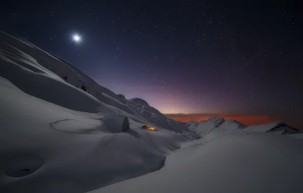 Winter, the sky, stars, mountains, The moon, tent