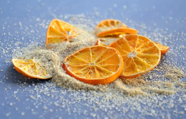 Table, oranges, sugar, placer, circles, citrus, blue background, slices