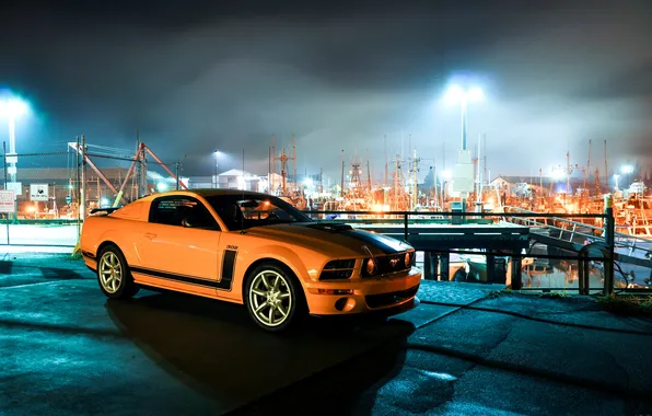 Night, lights, yellow, Mustang, Ford, Ford, Mustang, side view