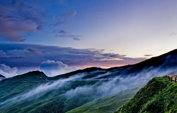 Road, the sky, clouds, mountains, night, sky, night, mountains