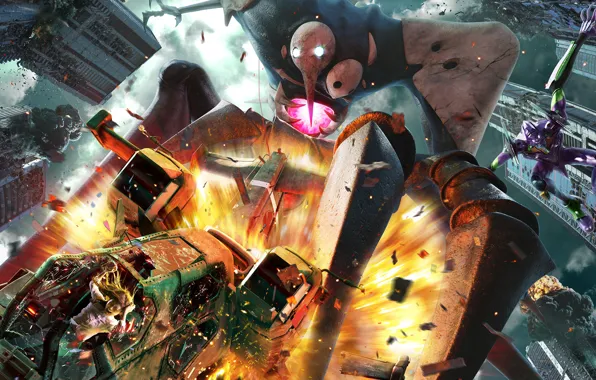 The wreckage, the explosion, rage, horror, the battle, evangelion, Neon Genesis Evangelion, iron hand