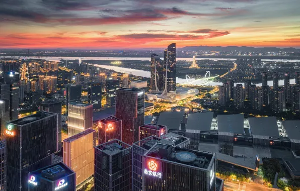 The sky, clouds, sunset, mountains, the city, lights, river, view