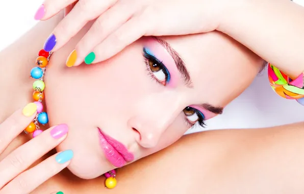 Picture face, color, makeup, beads, manicure