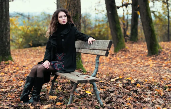 Autumn, girl, Park, foliage, bench, Clear