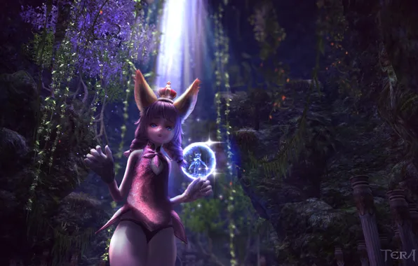 Picture forest, magic, crown, girl, ears, tera