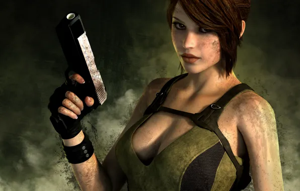 Picture look, girl, face, gun, weapons, background, hair, the game