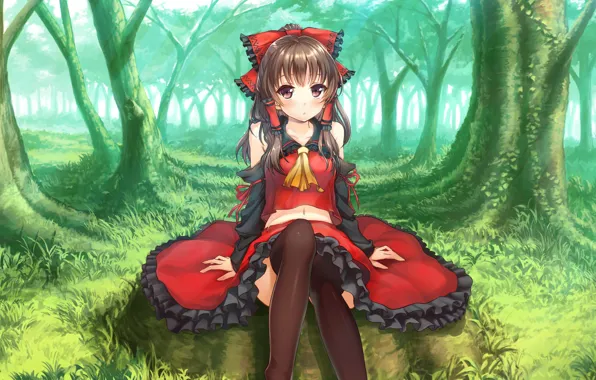 Girl, trees, skirt, stockings, blush, sitting, red eyes, touhou