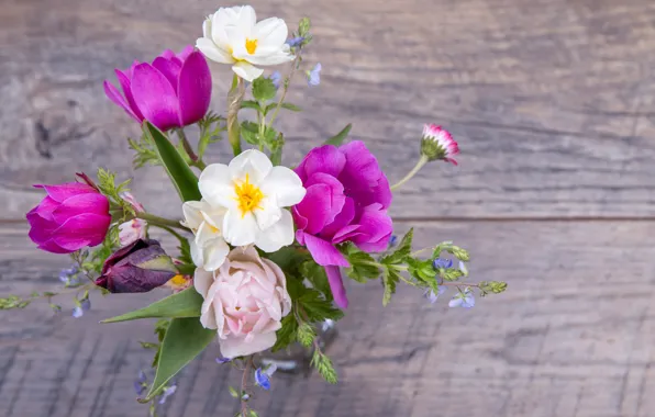 Picture flowers, bouquet, spring, colorful, tulips, buds, wood, pink