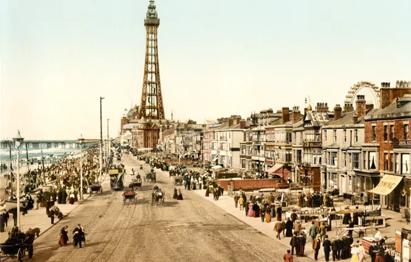 The city, retro, street, England, old photo, England, Lancashire, ca.1898