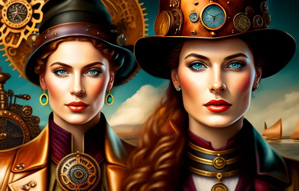 Girls, art, two girls, hats, digital art, digital art, AI art, neural network