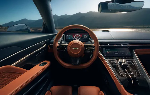 Mountains, Aston Martin, interior, the wheel, luxury, finish, sports coupe, the interior of the car