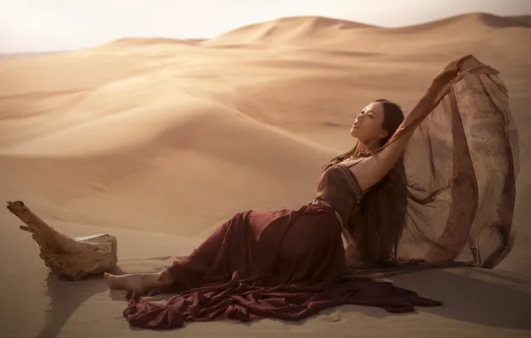 Sand, look, girl, light, pose, desert, hands, dress