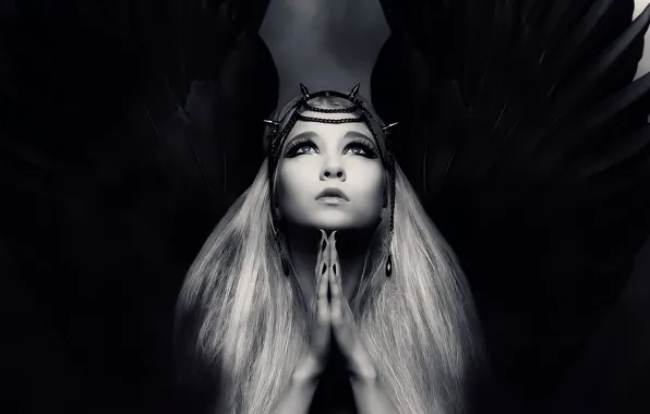 Girl, face, hair, wings, hands, black and white, monochrome, praying