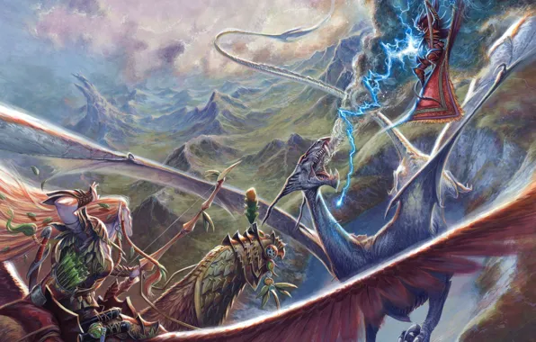 Picture the sky, mountains, magic, lightning, elf, Dragon, bow, battle