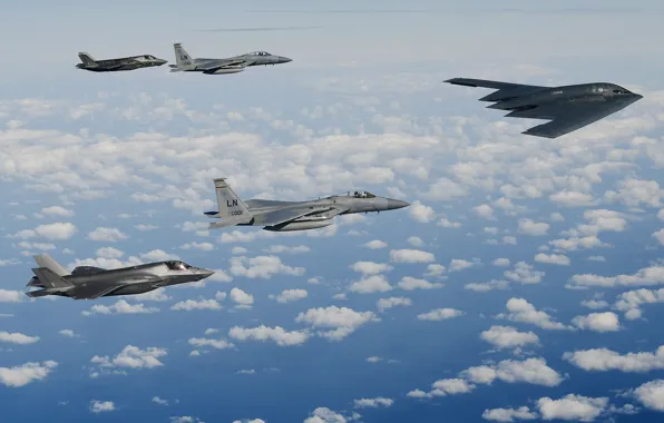 Fighter-bomber, Lightning II, strategic bomber, F-35B, American heavy unobtrusive, B-2A Spirit, F-15C Eagle, superiority in …