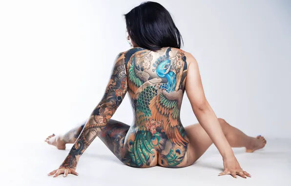 Back, peacock, tattoo, model, tattoo model, body painting, Victoria P, HUGO V PHOTOGRAPHY