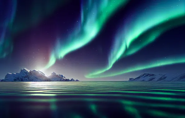 Winter, the sky, landscape, nature, ice, Northern lights, ice, pond
