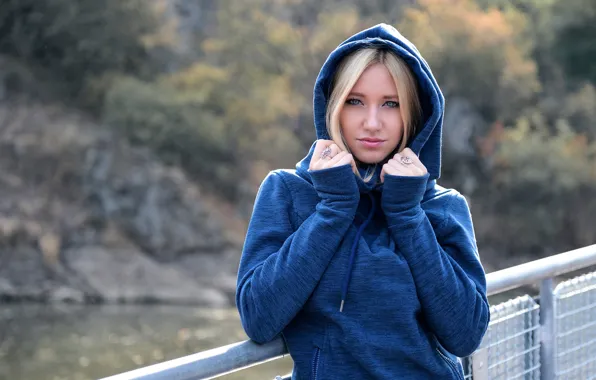 Autumn, forest, look, bridge, pose, river, model, portrait