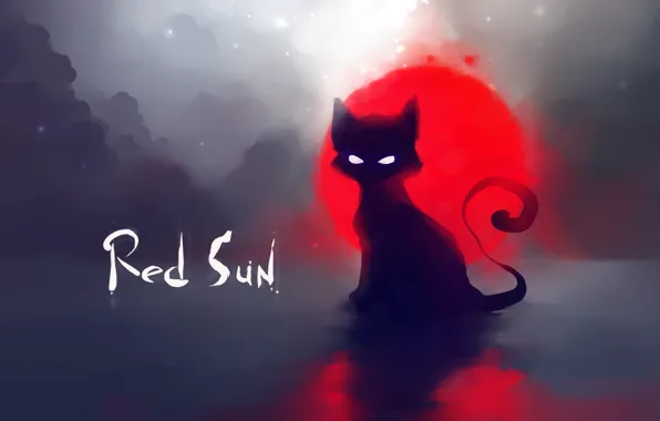 Cat, the sun, red, deviantart, Apofiss
