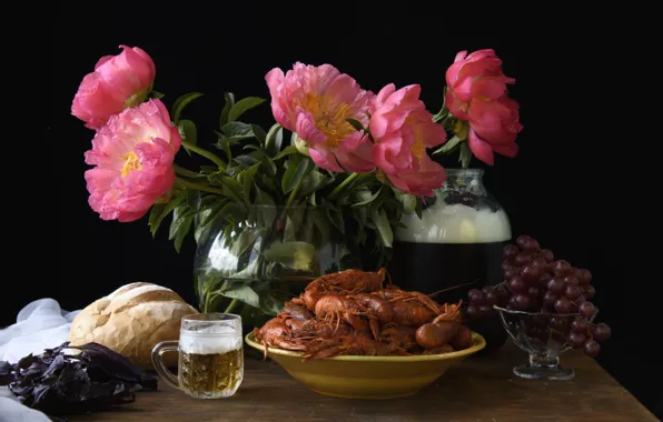 Glass, beer, bread, grapes, Bank, still life, peonies, Basil