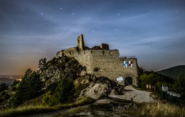 Stars, trees, night, stones, castle, rocks, ruins