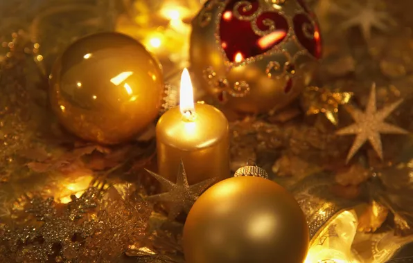 Stars, balls, snowflakes, holiday, balls, new year, candle, gold